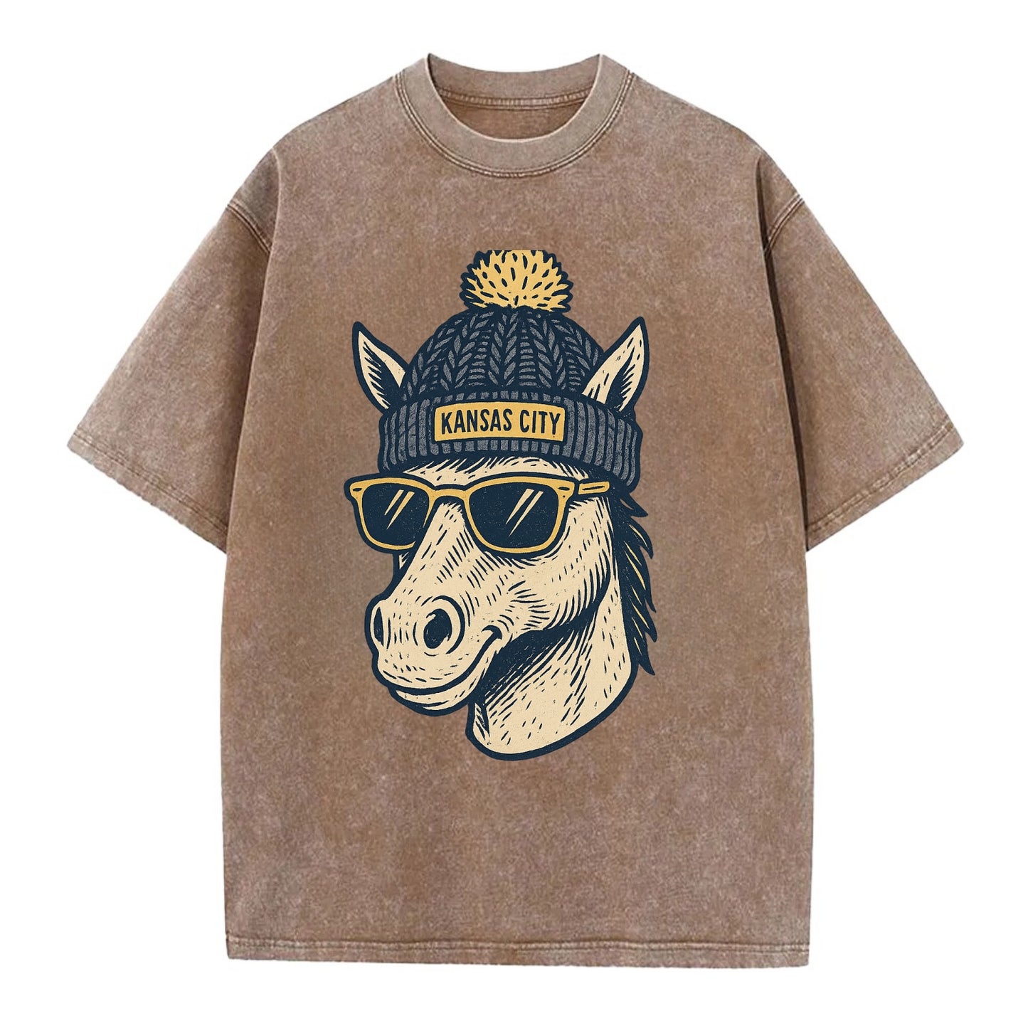 Missouri Mule wearing Kansas City beanie with pom pom and wayfarer sunglasses - Vintage T-shirt - Brown
