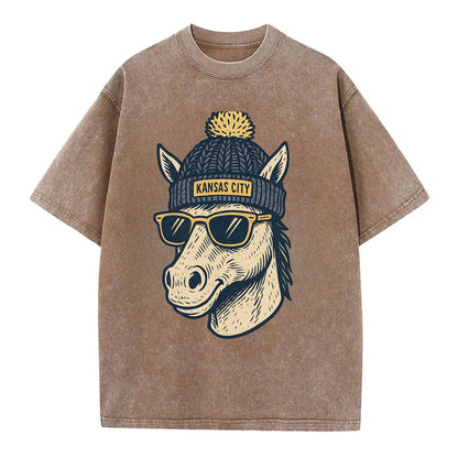 Missouri Mule wearing Kansas City beanie with pom pom and wayfarer sunglasses - Vintage T-shirt - Brown