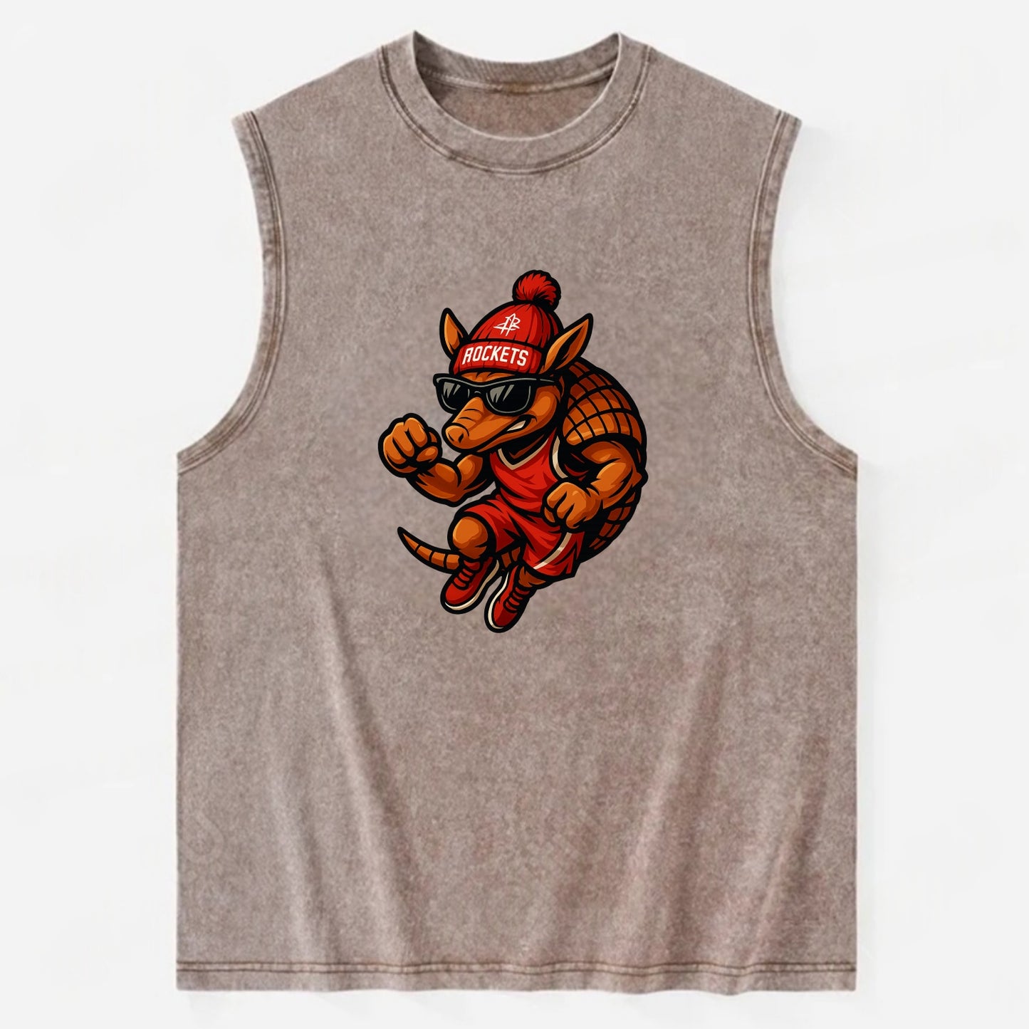 Houston Armadillo wearing Rockets red and silver beanie with rocket ship and - Vintage Washed Tank - Brown