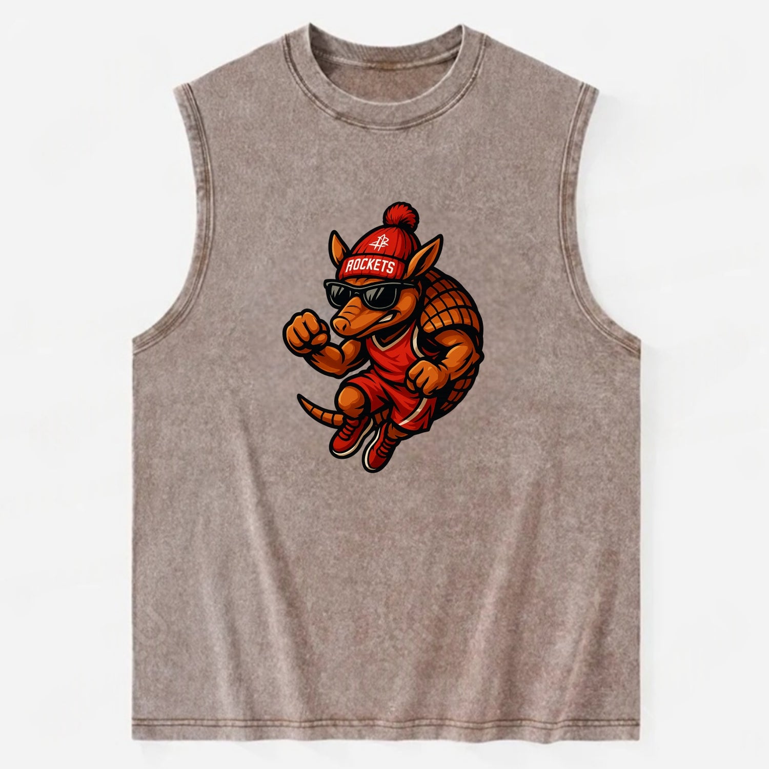 Houston Armadillo wearing Rockets red and silver beanie with rocket ship and - Vintage Washed Tank - Brown