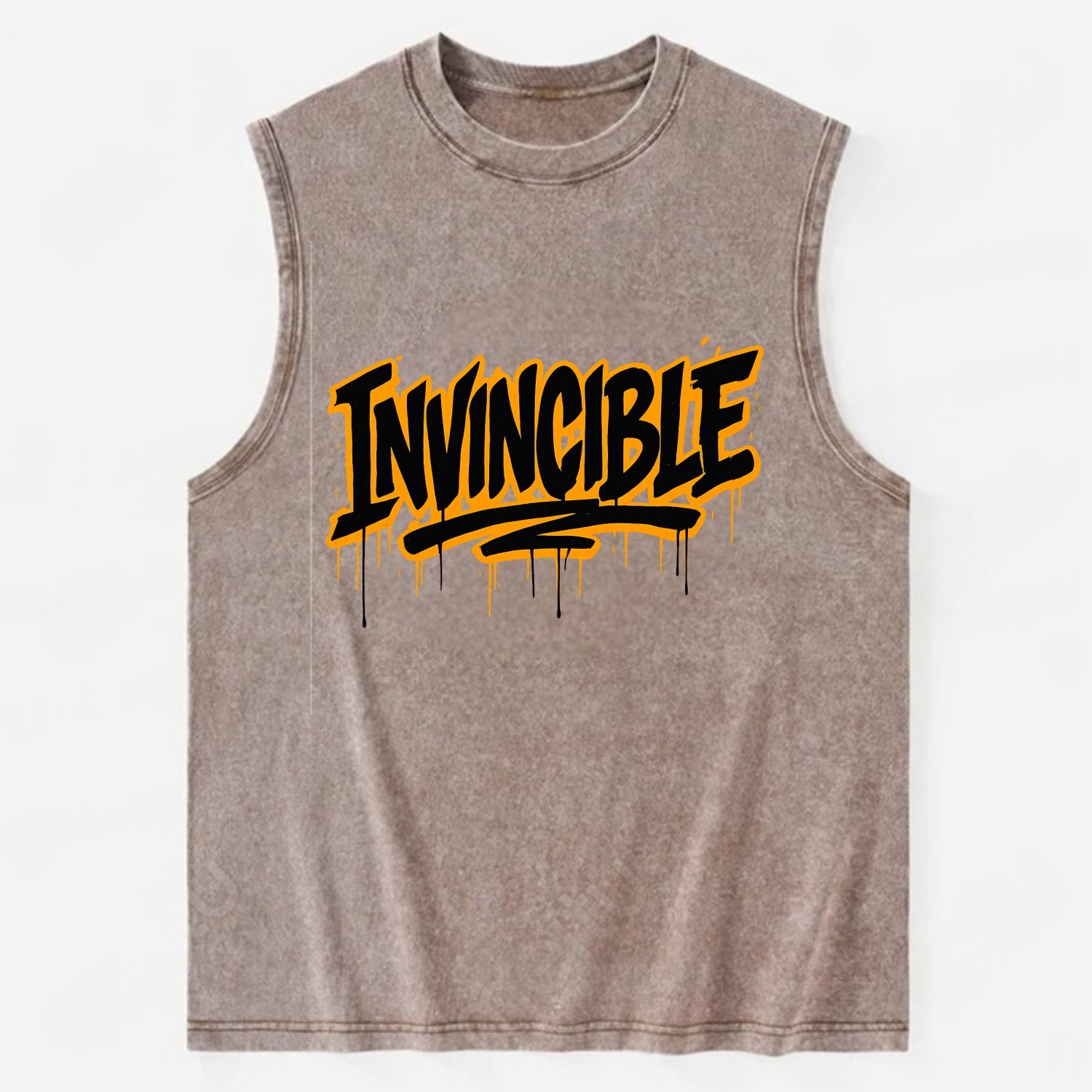 Bold typography design - "INVINCIBLE" - cannot be defeated, unconquerable - Vintage Washed Tank - Brown