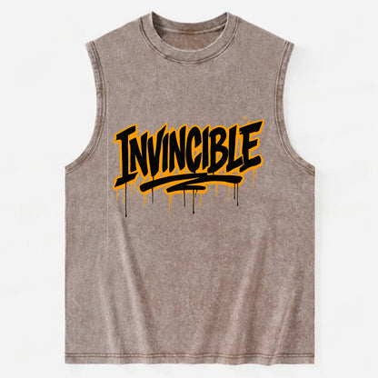 Bold typography design - "INVINCIBLE" - cannot be defeated, unconquerable - Vintage Washed Tank - Brown