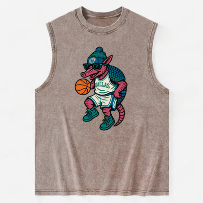 Dallas Armadillo wearing Mavericks beanie with cowboy hat patch and wayfarer - Vintage Washed Tank - Brown