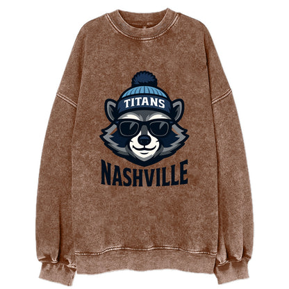 Nashville Raccoon wearing Titans navy and light blue beanie with pom pom and - Vintage Sweatshirt - Brown