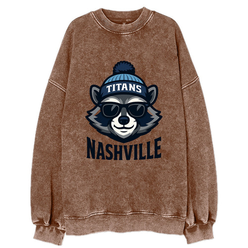 Nashville Raccoon wearing Titans navy and light blue beanie with pom pom and - Vintage Sweatshirt