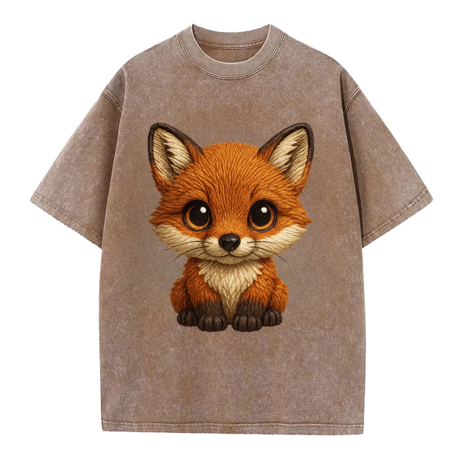 Baby Red Fox - russet fur, white chest, big amber eyes, perky ears, front-facing, - Vintage T-shirt - Brown