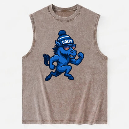 Indianapolis Colt Horse wearing Colts blue and white beanie with pom pom and - Vintage Washed Tank - Brown