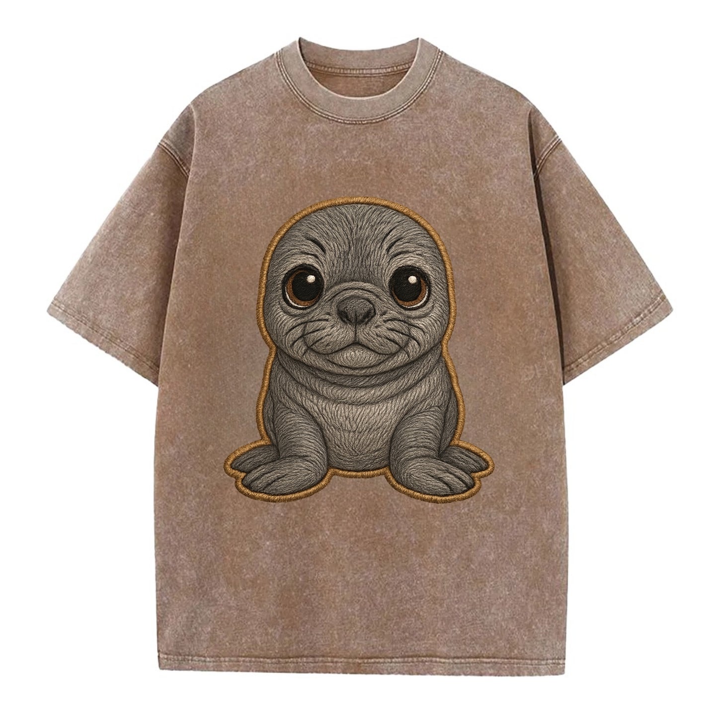 Baby Elephant Seal - gray wrinkly, tiny trunk nose, big dark eyes, front-facing, - Vintage T-shirt - Brown