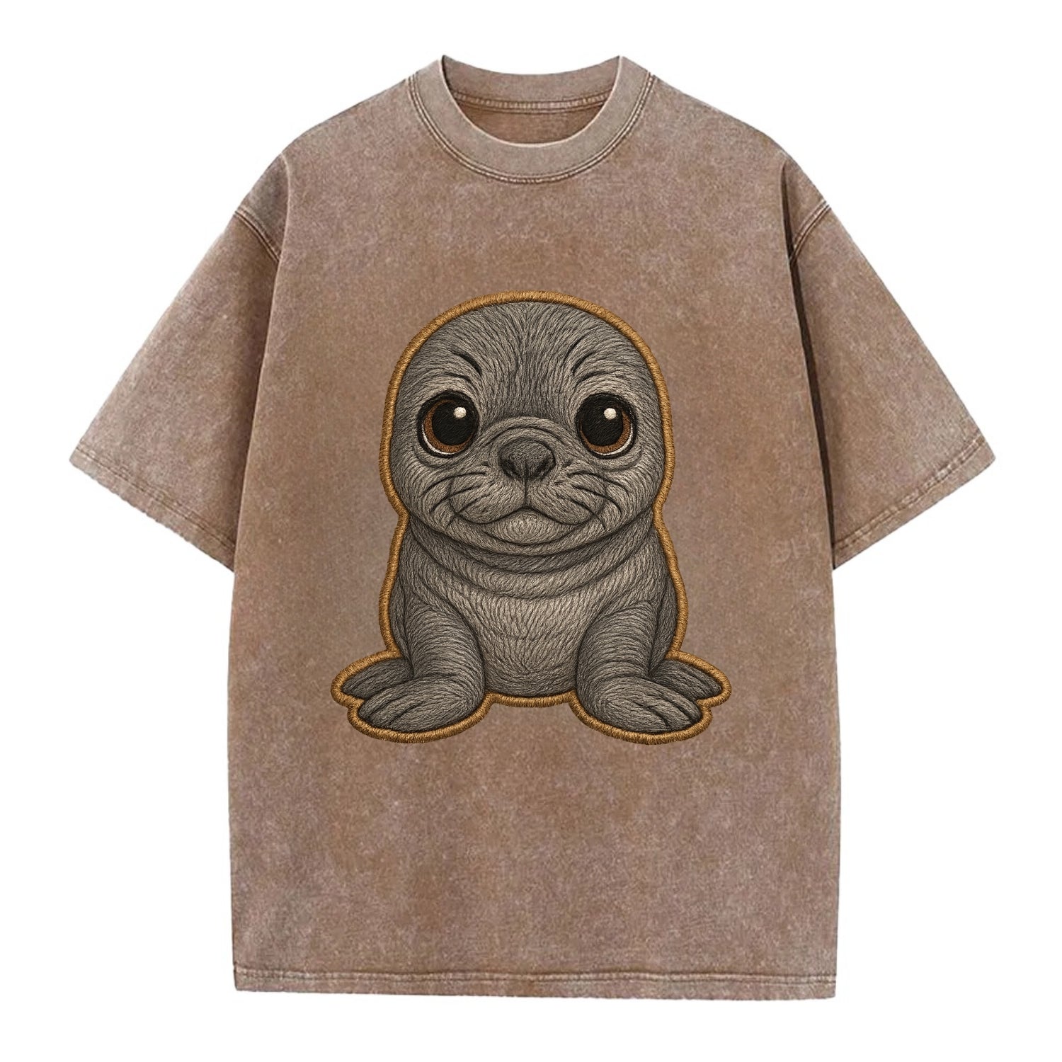 Baby Elephant Seal - gray wrinkly, tiny trunk nose, big dark eyes, front-facing, - Vintage T-shirt - Brown