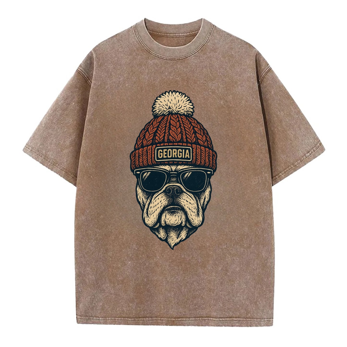 Athens Bulldog wearing Georgia beanie wi - Vintage T-shirt - Brown