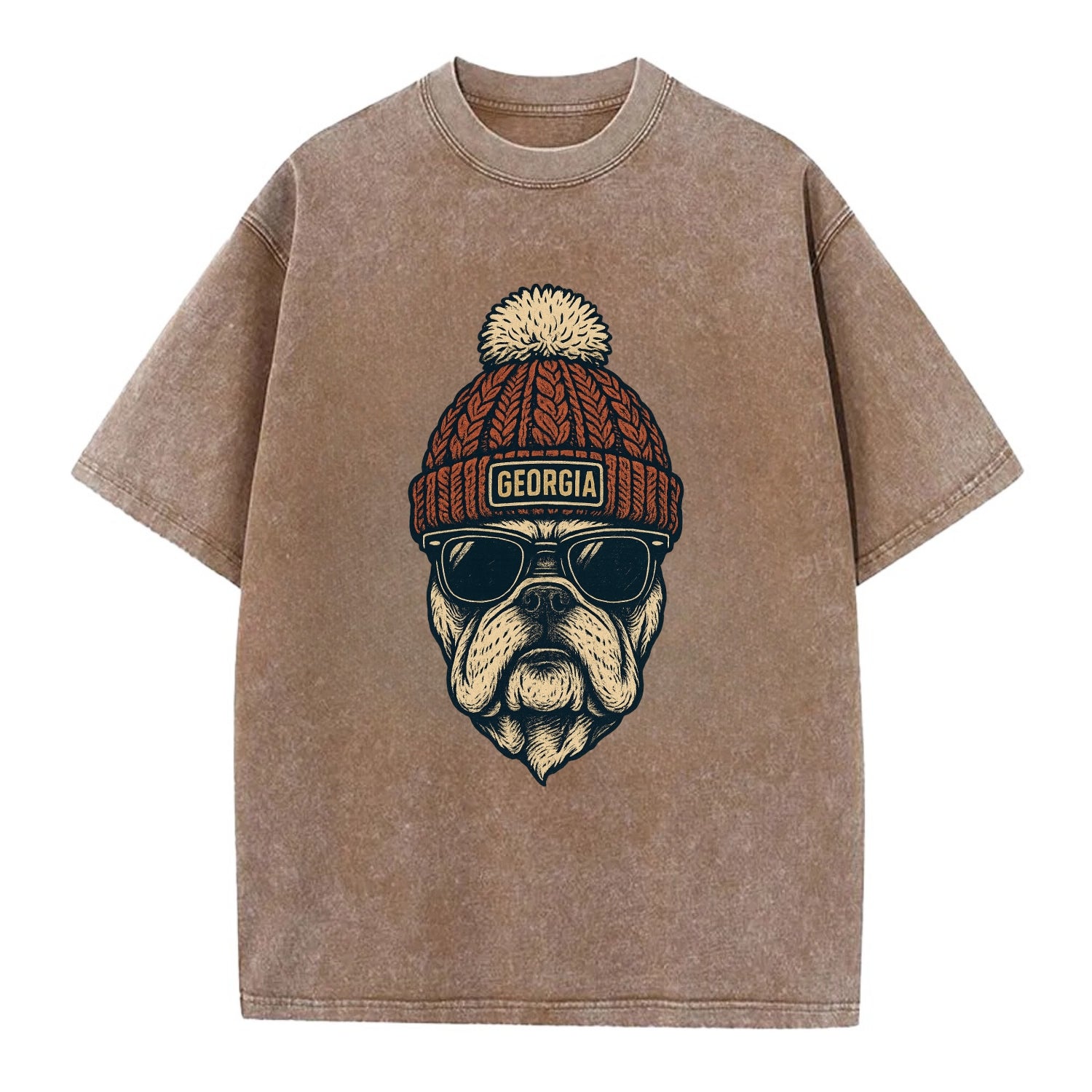 Athens Bulldog wearing Georgia beanie wi - Vintage T-shirt - Brown