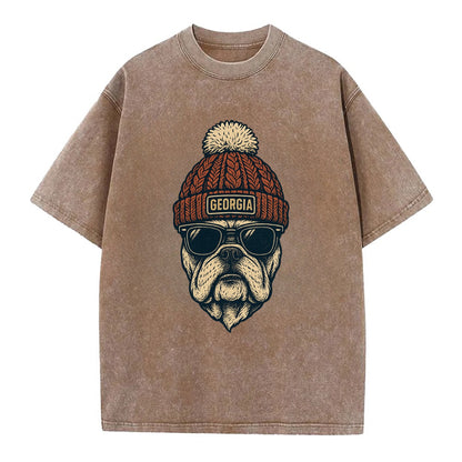 Athens Bulldog wearing Georgia beanie wi - Vintage T-shirt - Brown