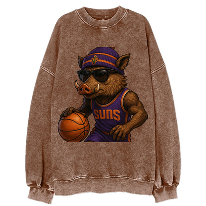 Phoenix Javelina wearing Suns beanie with cactus patch and wayfarer sunglasses - Vintage Sweatshirt - Brown