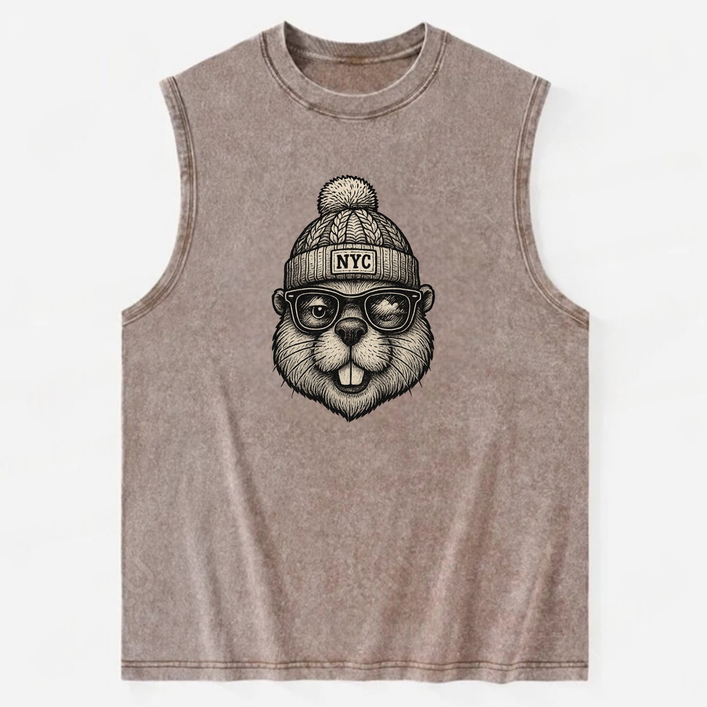 New York Beaver wearing NYC beanie with pom pom and wayfarer sunglasses - Vintage Washed Tank - Brown