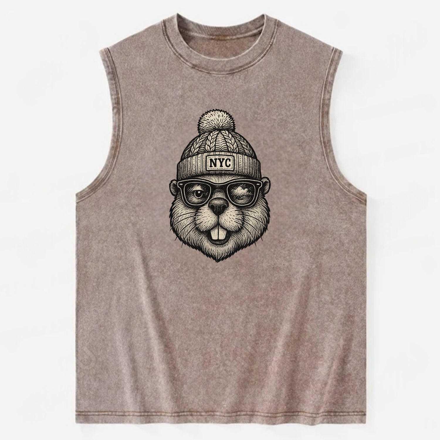 New York Beaver wearing NYC beanie with pom pom and wayfarer sunglasses - Vintage Washed Tank - Brown