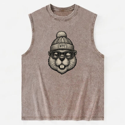 New York Beaver wearing NYC beanie with pom pom and wayfarer sunglasses - Vintage Washed Tank - Brown
