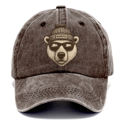 Winnipeg Polar Bear wearing Winnipeg beanie with pom pom and wayfarer sunglasses - Classic Cap - Brown