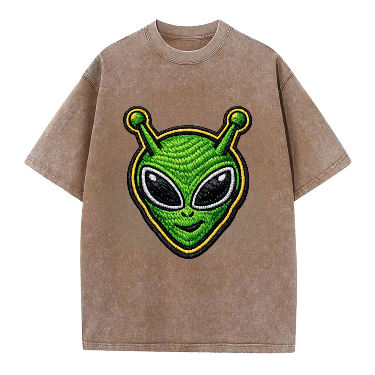 ALIEN MARTIAN - green alien with antenna in green , little green man - Vintage T-shirt - Brown