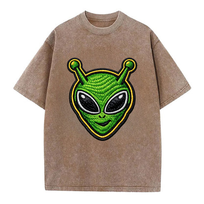 ALIEN MARTIAN - green alien with antenna in green , little green man - Vintage T-shirt - Brown