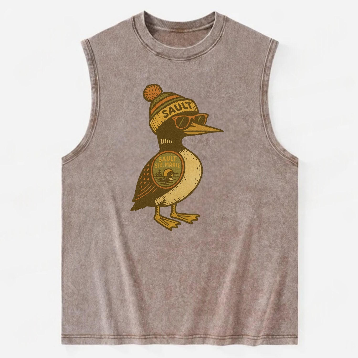 Sault Ste Marie Loon wearing Sault beani - Vintage Washed Tank - Brown