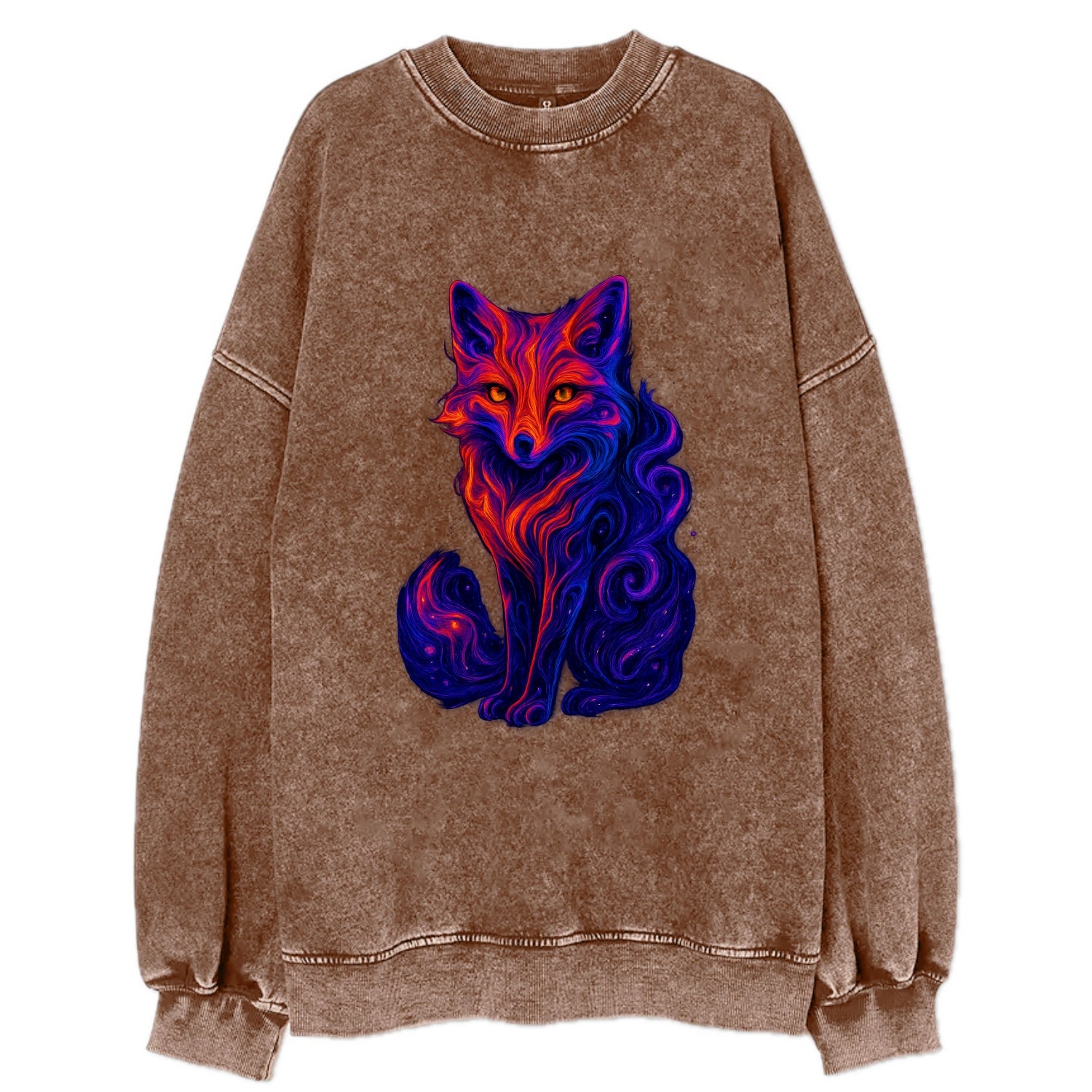 Clever fox with tail dissolving into cosmic nebula swirls, orange to purple - Vintage Sweatshirt - Brown