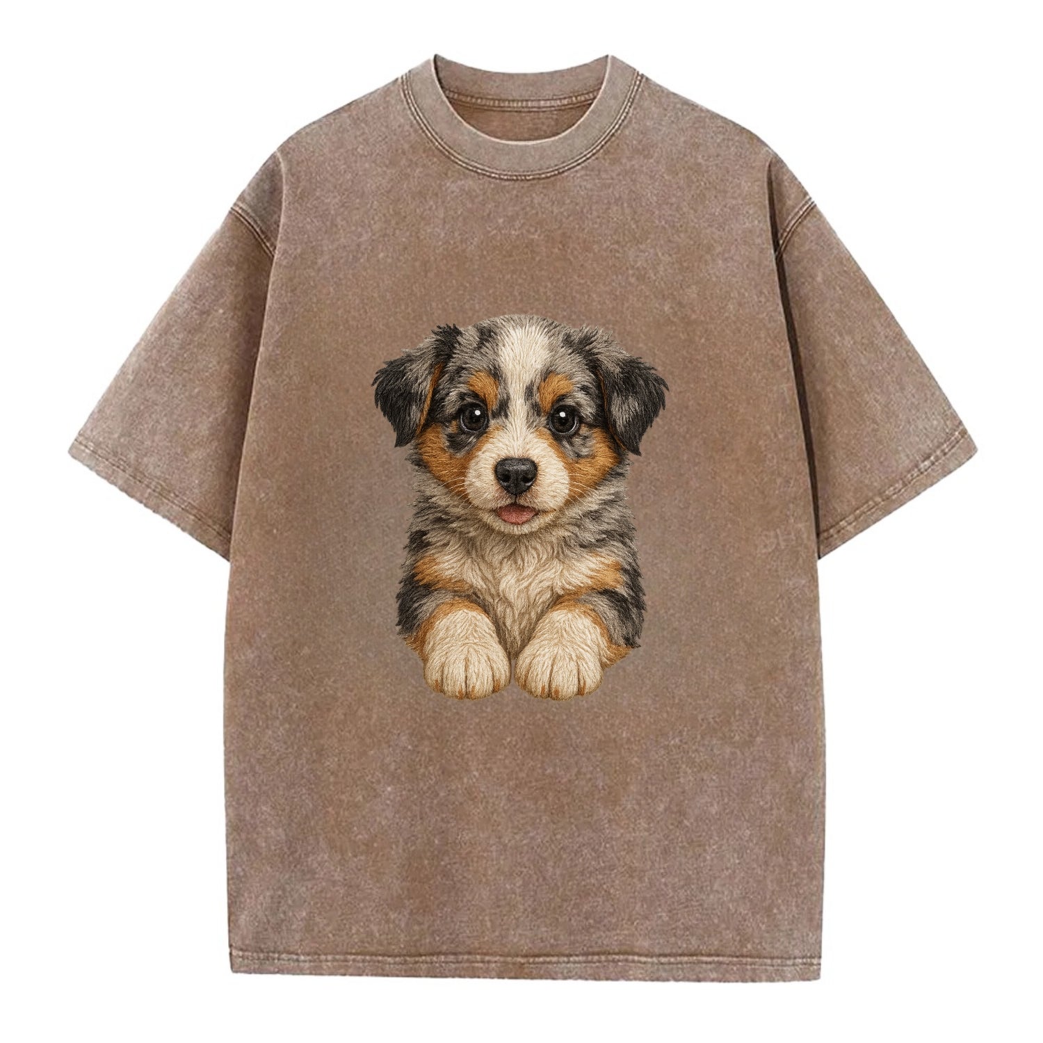 Baby Australian Shepherd Puppy - merle coat, bright eyes, fluffy, front-facing, - Vintage T-shirt - Brown