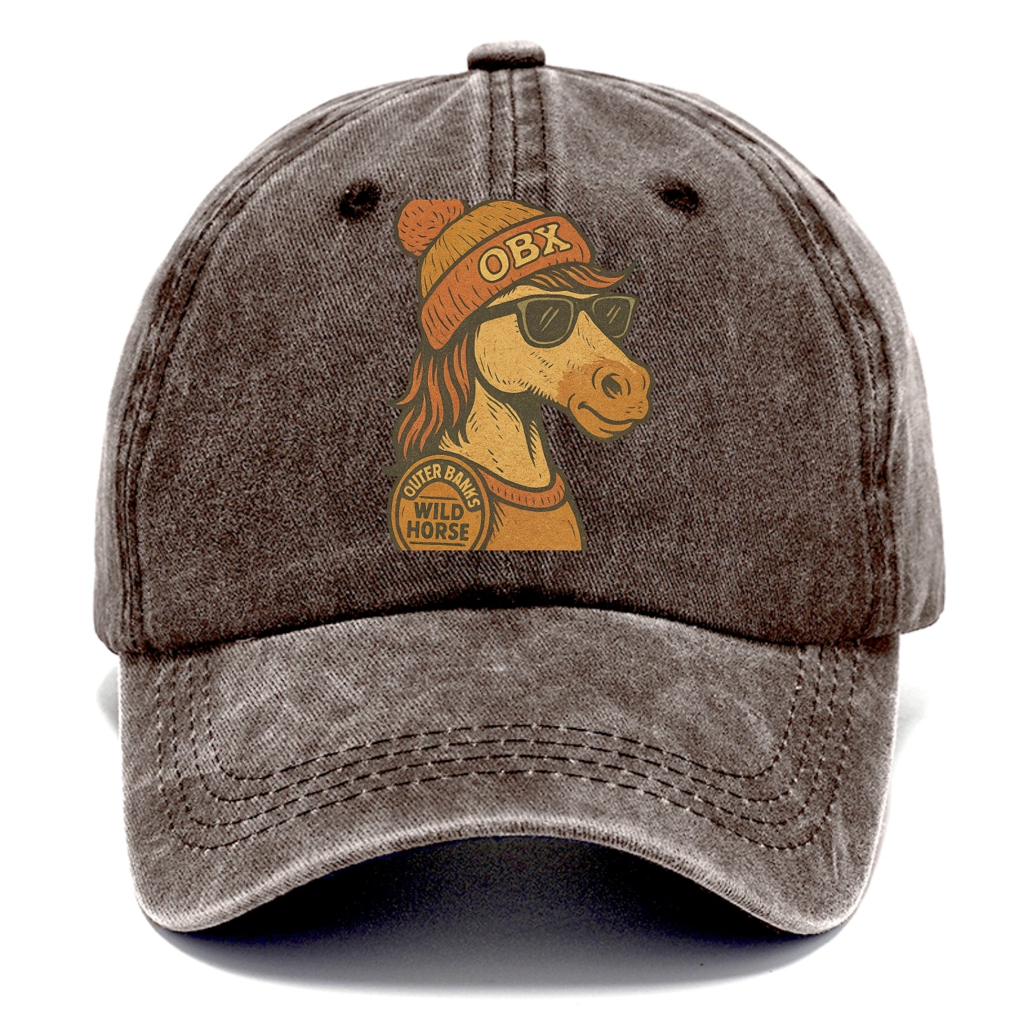 Outer Banks Wild Horse wearing OBX beanie with pom pom and wayfarer sunglasses - Classic Cap - Brown