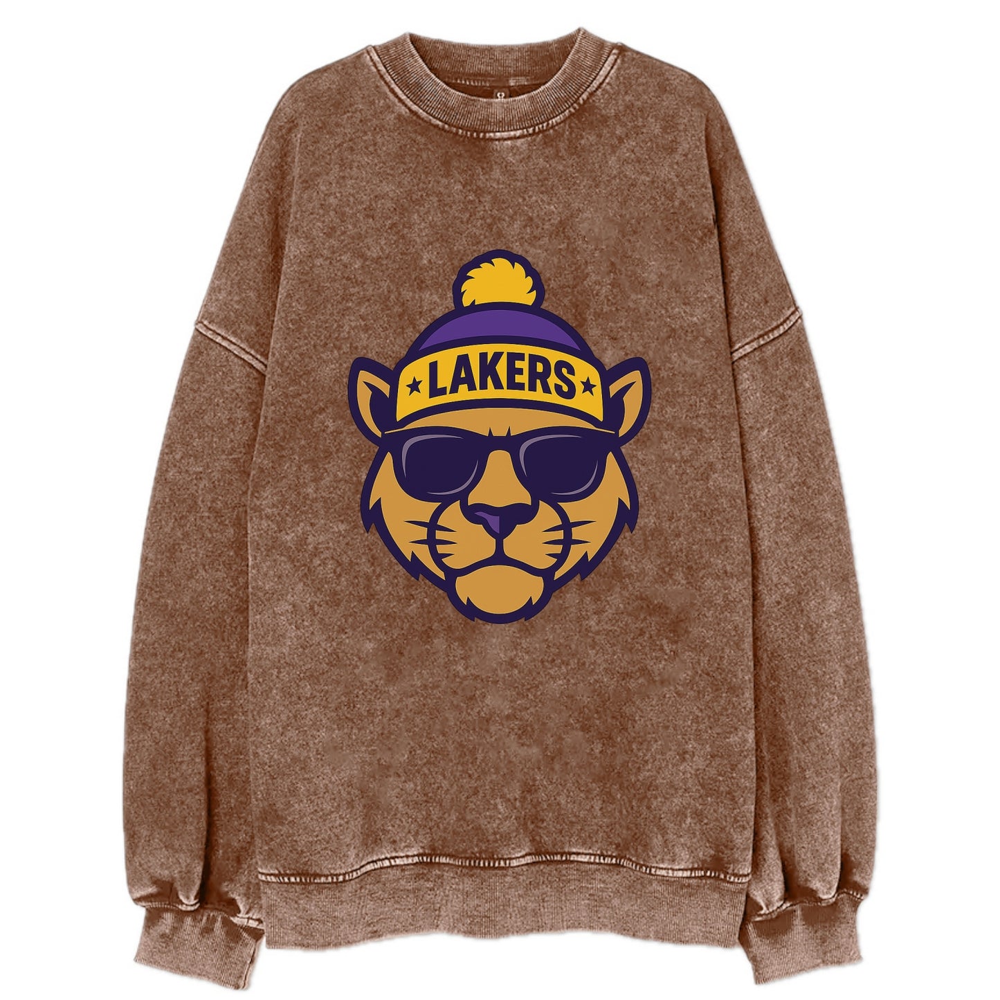 LA Mountain Lion wearing Lakers purple and gold beanie with championship stars - Vintage Sweatshirt - Brown