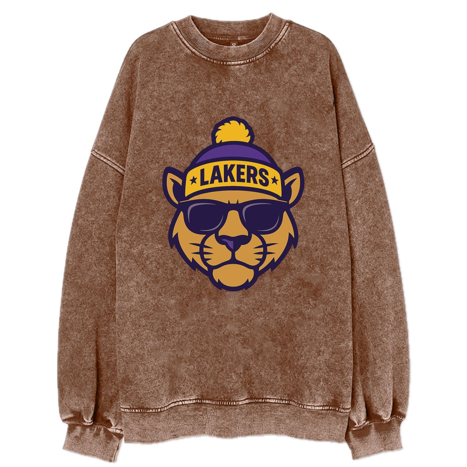 LA Mountain Lion wearing Lakers purple and gold beanie with championship stars - Vintage Sweatshirt - Brown