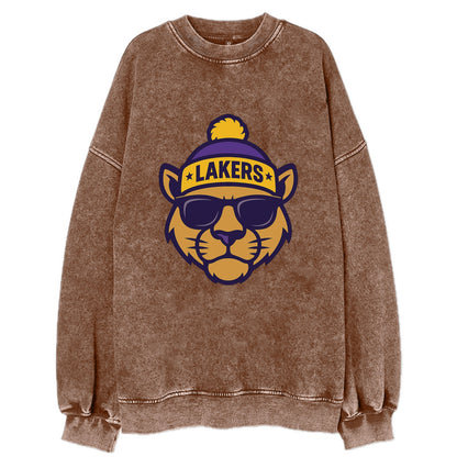LA Mountain Lion wearing Lakers purple and gold beanie with championship stars - Vintage Sweatshirt - Brown