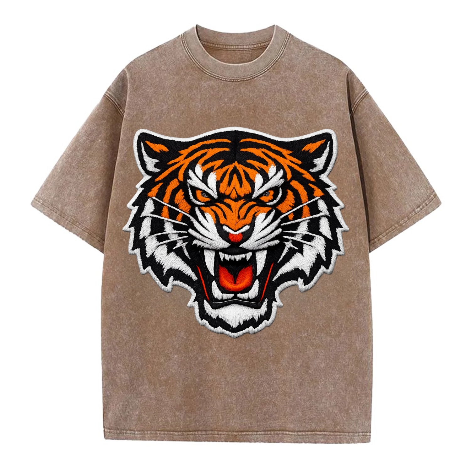 TIGER STRIPES FACE - fierce tiger face in orange, black and white , predator power - Vintage T-shirt - Brown