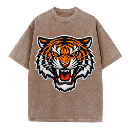 TIGER STRIPES FACE - fierce tiger face in orange, black and white , predator power - Vintage T-shirt - Brown