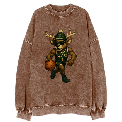 Milwaukee Buck Deer wearing Bucks green and cream beanie with antlers and - Vintage Sweatshirt - Brown