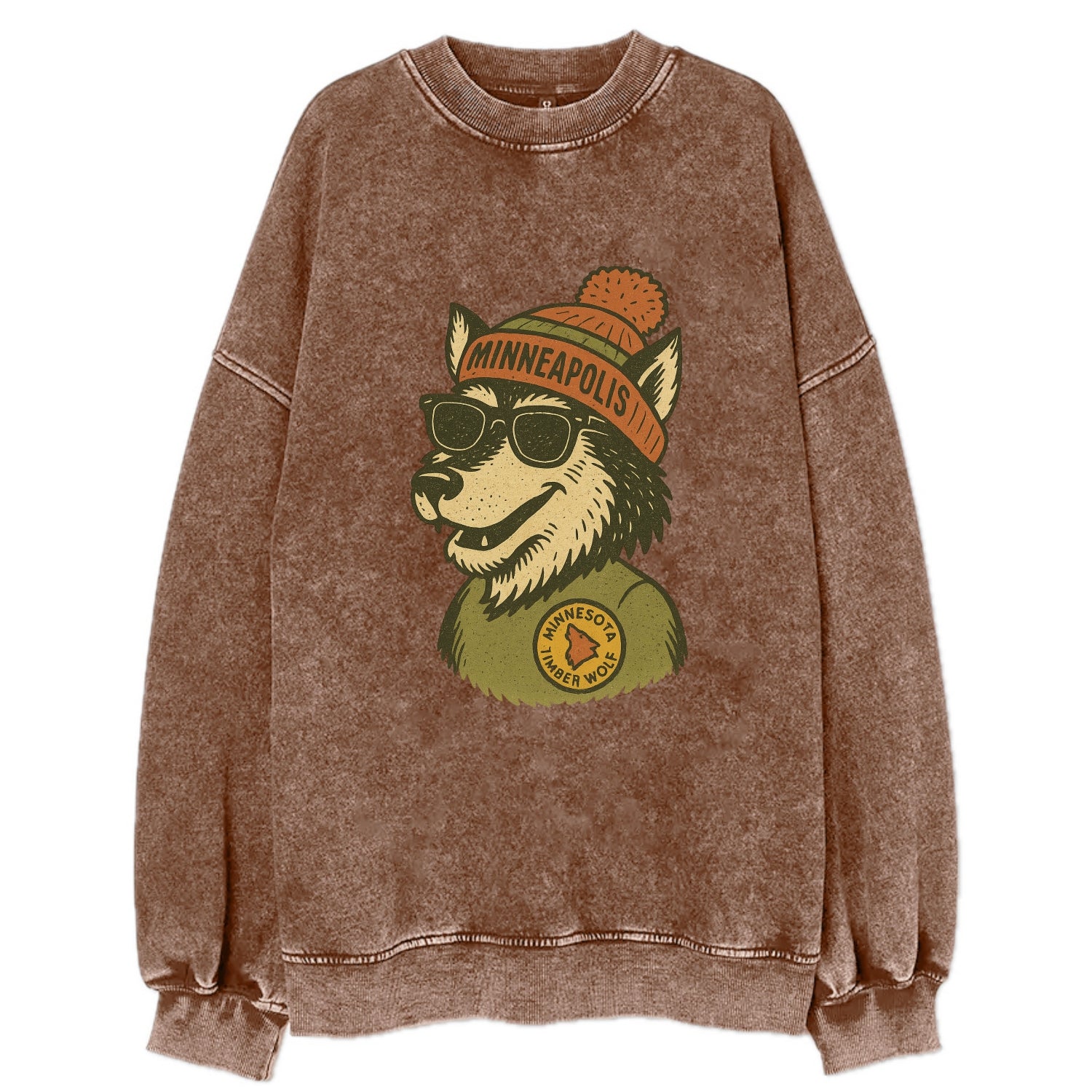 Minnesota Timber Wolf wearing Minneapolis beanie with pom pom and wayfarer - Vintage Sweatshirt - Brown
