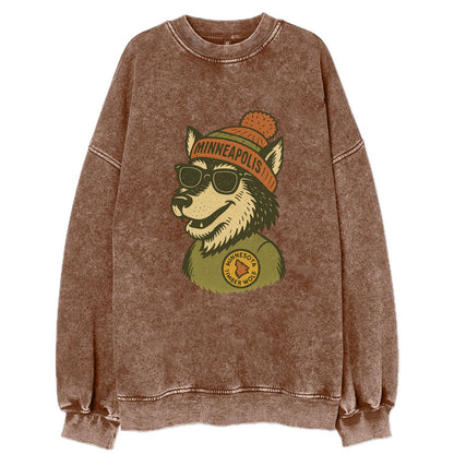 Minnesota Timber Wolf wearing Minneapolis beanie with pom pom and wayfarer - Vintage Sweatshirt - Brown