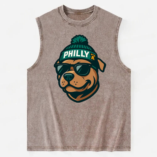 Philly Pitbull wearing Eagles beanie with Liberty Bell patch and wayfarer - Vintage Washed Tank