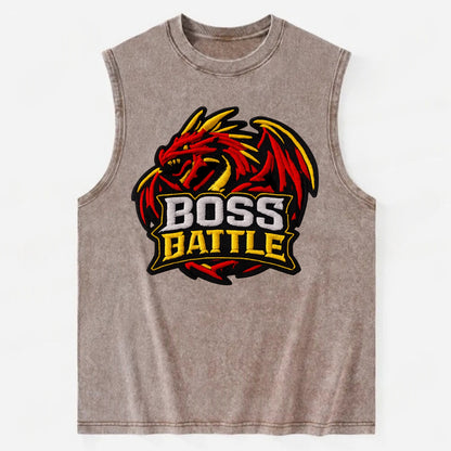 BOSS BATTLE - dragon silhouette in red and gold , raid - Vintage Washed Tank - Brown
