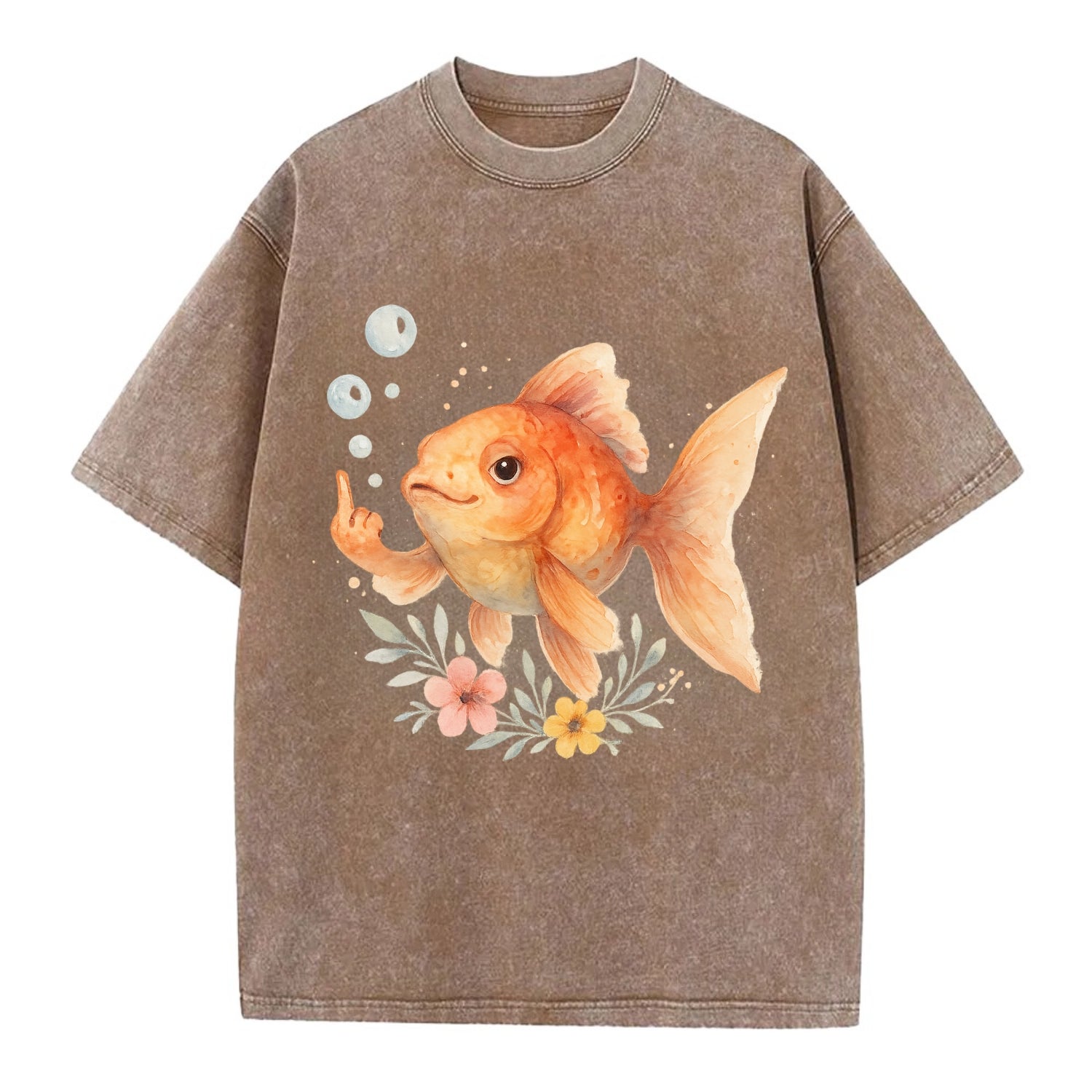 chubby goldfish blowing bubbles, one fin extended like middle finger - Vintage T-shirt - Brown