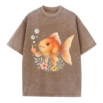 chubby goldfish blowing bubbles, one fin extended like middle finger - Vintage T-shirt - Brown