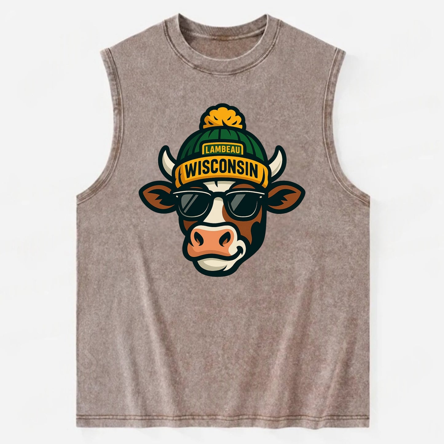 Wisconsin Cow wearing Packers beanie with Lambeau patch and wayfarer - Vintage Washed Tank - Brown