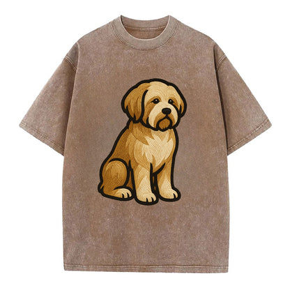 Tibetan Terrier - Gold and white embroidered sitting pose - Vintage T-shirt - Brown