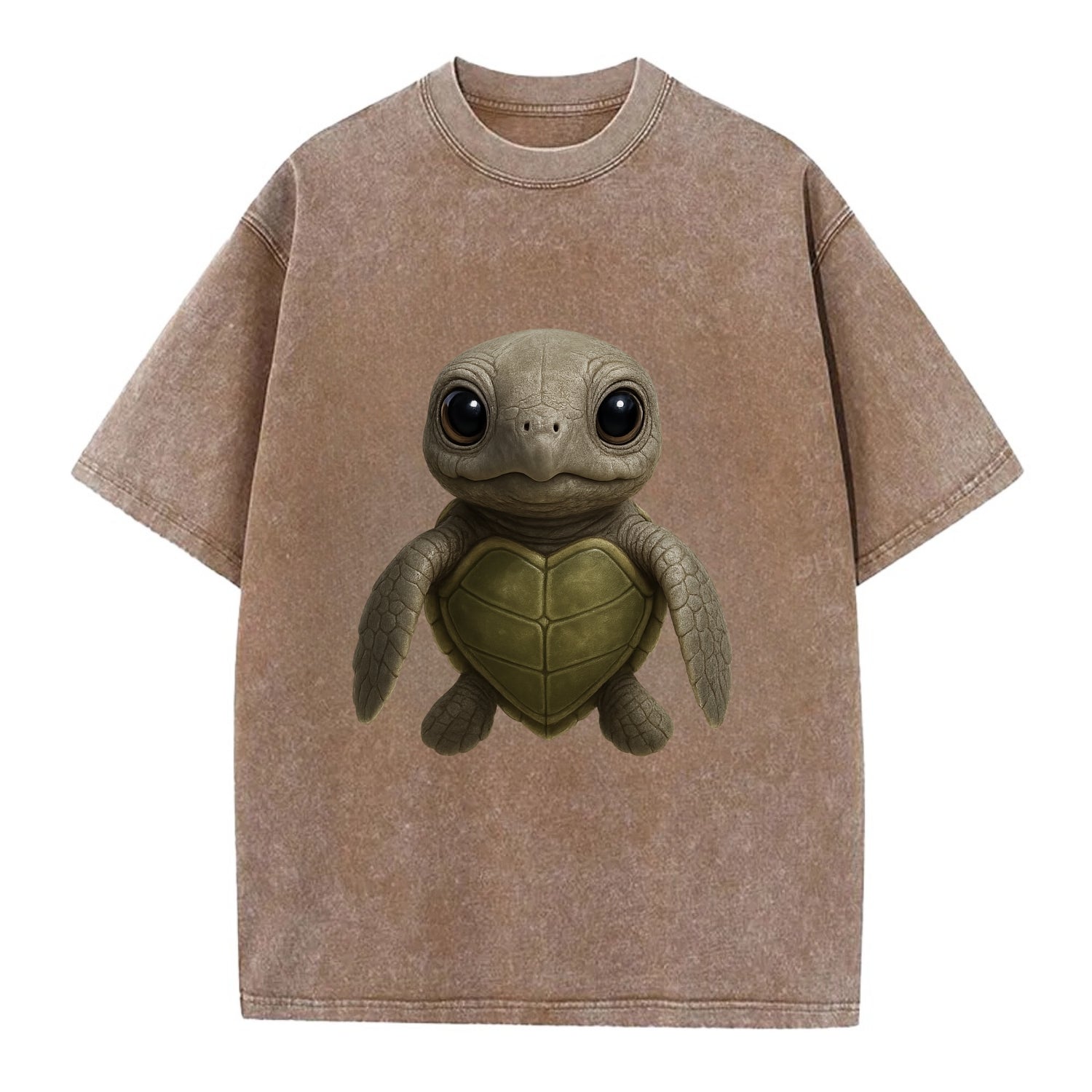 Baby Olive Ridley Turtle - olive green shell, heart-shaped carapace, bright eyes, - Vintage T-shirt - Brown