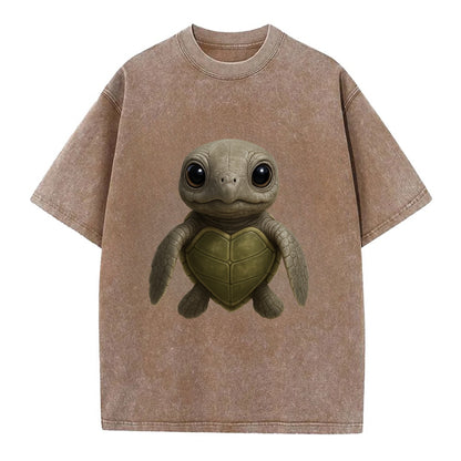 Baby Olive Ridley Turtle - olive green shell, heart-shaped carapace, bright eyes, - Vintage T-shirt - Brown