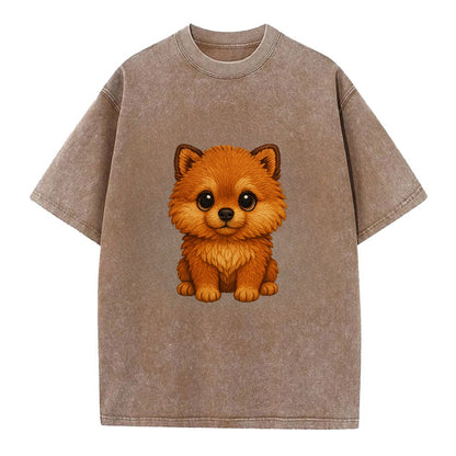 Baby Pomeranian Puppy - fluffy orange ball, fox face, tiny body, bright eyes, - Vintage T-shirt - Brown