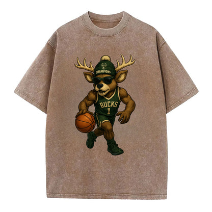 Milwaukee Buck Deer wearing Bucks green and cream beanie with antlers and - Vintage T-shirt - Brown