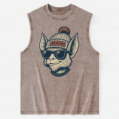 San Antonio Bat wearing San Antonio beanie with pom pom and wayfarer - Vintage Washed Tank - Brown