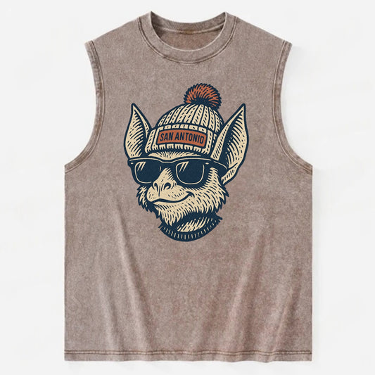 San Antonio Bat wearing San Antonio beanie with pom pom and wayfarer - Vintage Washed Tank - Brown