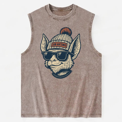 San Antonio Bat wearing San Antonio beanie with pom pom and wayfarer - Vintage Washed Tank