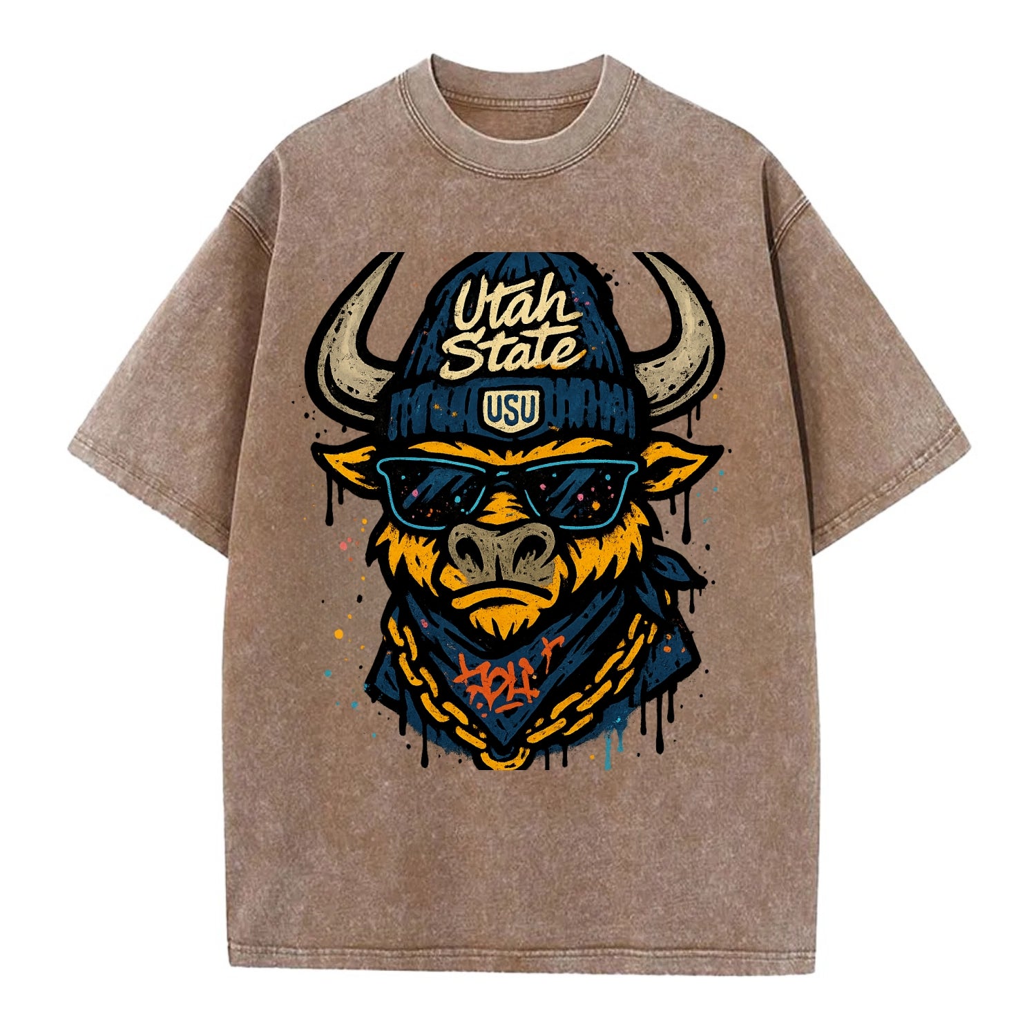 Logan Aggie wearing Utah State beanie with USU patch - Vintage T-shirt - Brown