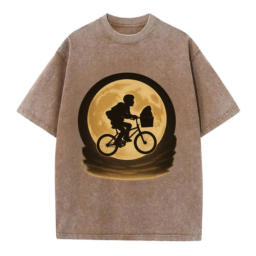 boy with bicycle flying across full moon with silhouette - Vintage T-shirt